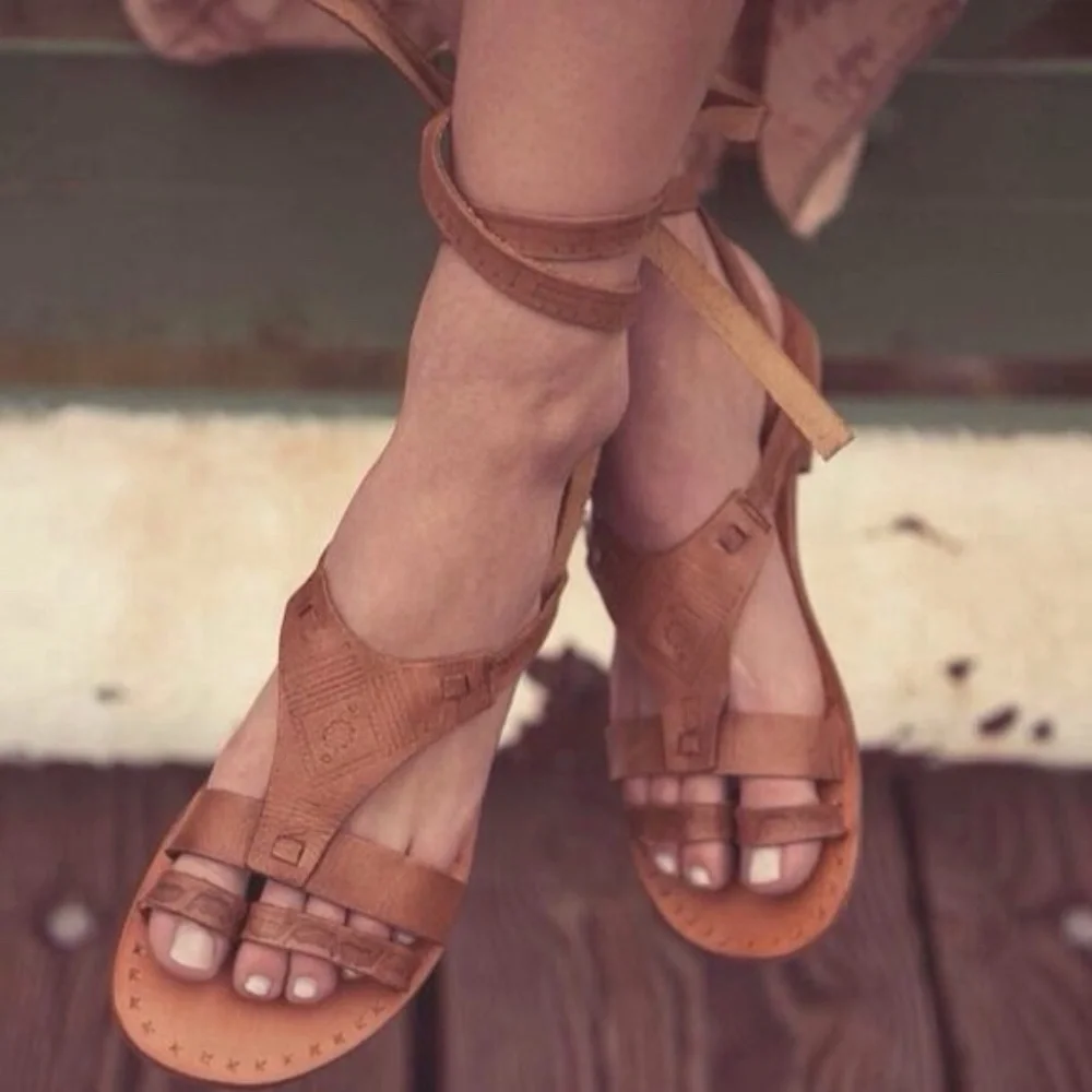 Free People Oliviera Tan Sandals Gladiator Flat Tooled LaceUp Ankle NEW 37 - 7 - Picture 8 of 14